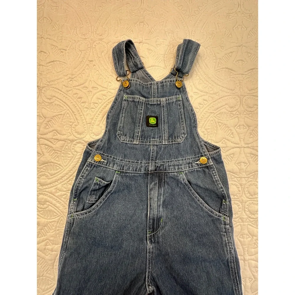 John Deere Girls Blue Denim Bib Overalls Medium Wash Cotton Size 10 RN105325